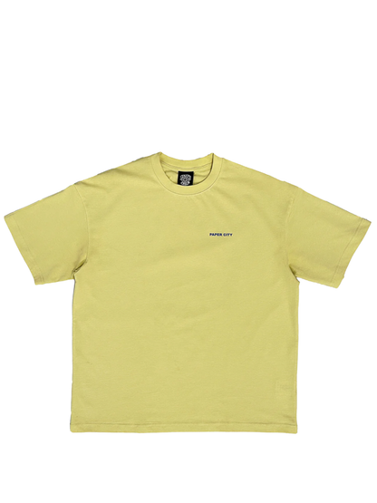 Paper city yellow oversized graphic tshirt at unseen grail. local brands south africa. streetwear. men and women. flatlay mock up front