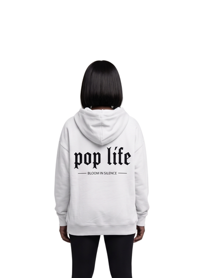 Pop Life White oversized graphic hoodie at unseen grail. local brands south africa. streetwear. men and women. galxboy, bantu, drip. cotton black print