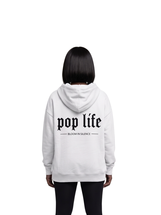 Pop Life White oversized graphic hoodie at unseen grail. local brands south africa. streetwear. men and women. galxboy, bantu, drip. cotton black print