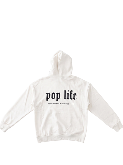Pop Life White oversized graphic hoodie at unseen grail. local brands south africa. streetwear. men and women. galxboy, bantu, drip. flatlay