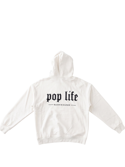 Pop Life White oversized graphic hoodie at unseen grail. local brands south africa. streetwear. men and women. galxboy, bantu, drip. flatlay