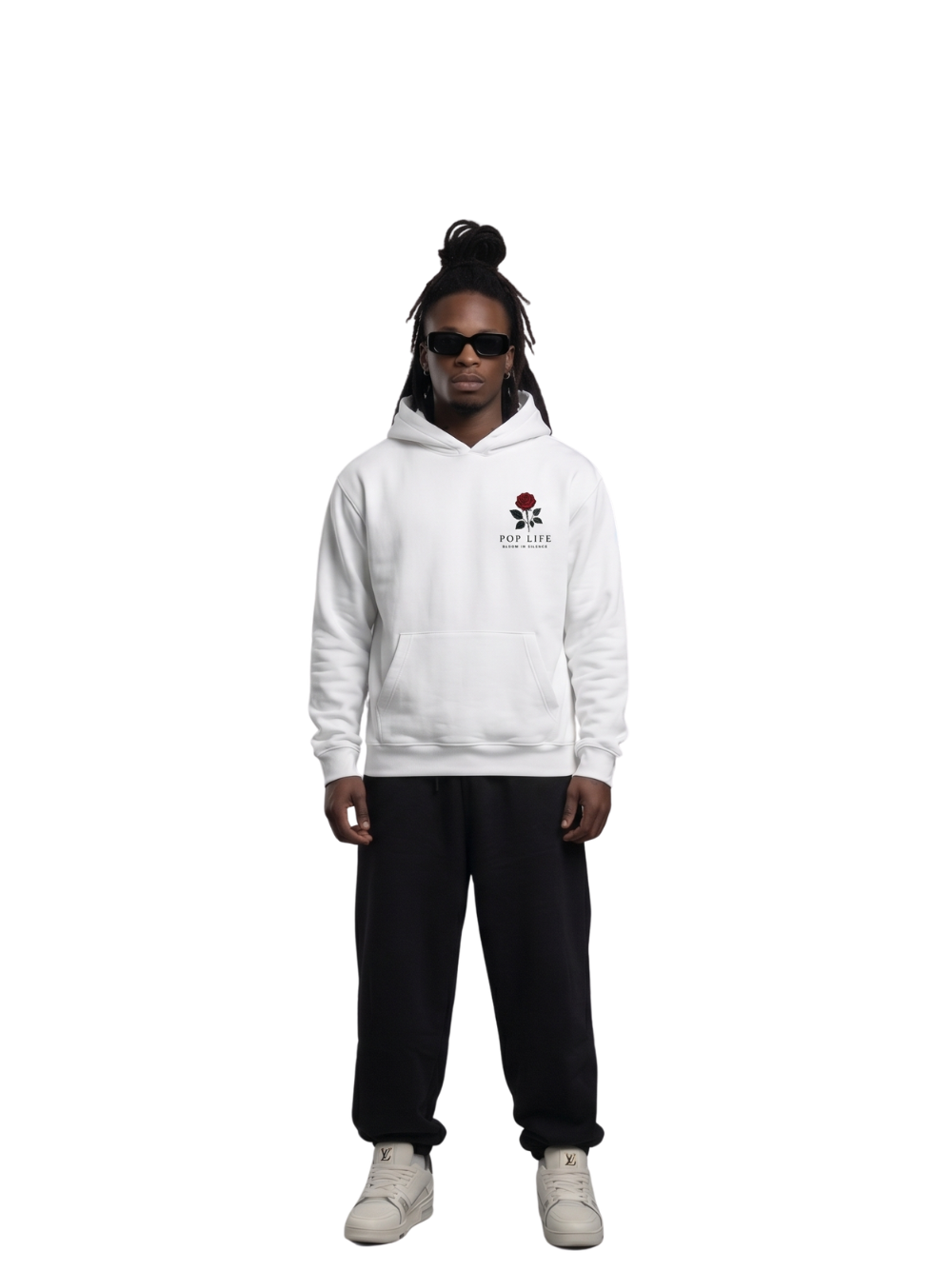 Pop Life White oversized graphic hoodie at unseen grail. local brands south africa. streetwear. men and women. galxboy, bantu, drip. full outfit men