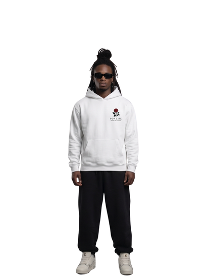 Pop Life White oversized graphic hoodie at unseen grail. local brands south africa. streetwear. men and women. galxboy, bantu, drip. full outfit men