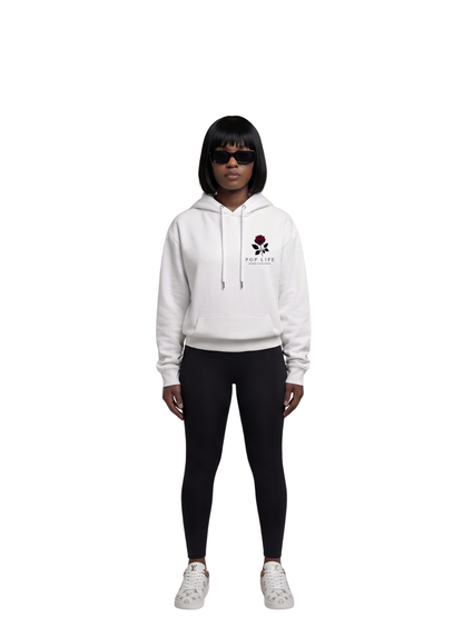 Pop Life White oversized graphic hoodie at unseen grail. local brands south africa. streetwear. men and women. galxboy, bantu, drip. full outfit women