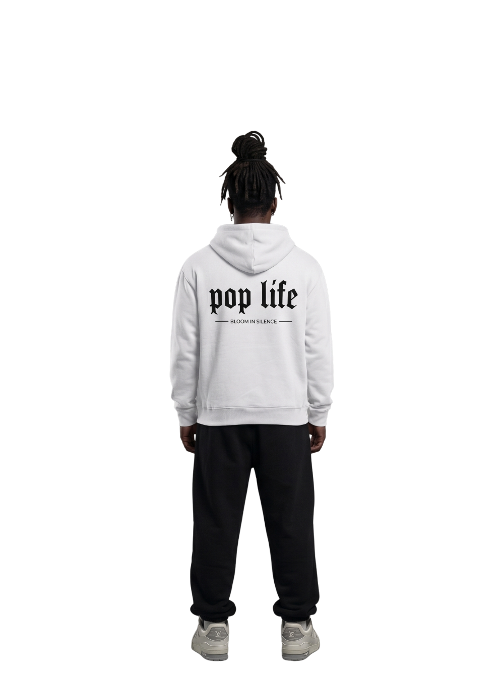 Pop Life White oversized graphic hoodie at unseen grail. local brands south africa. streetwear. men and women. galxboy, bantu, drip. men behind outfit