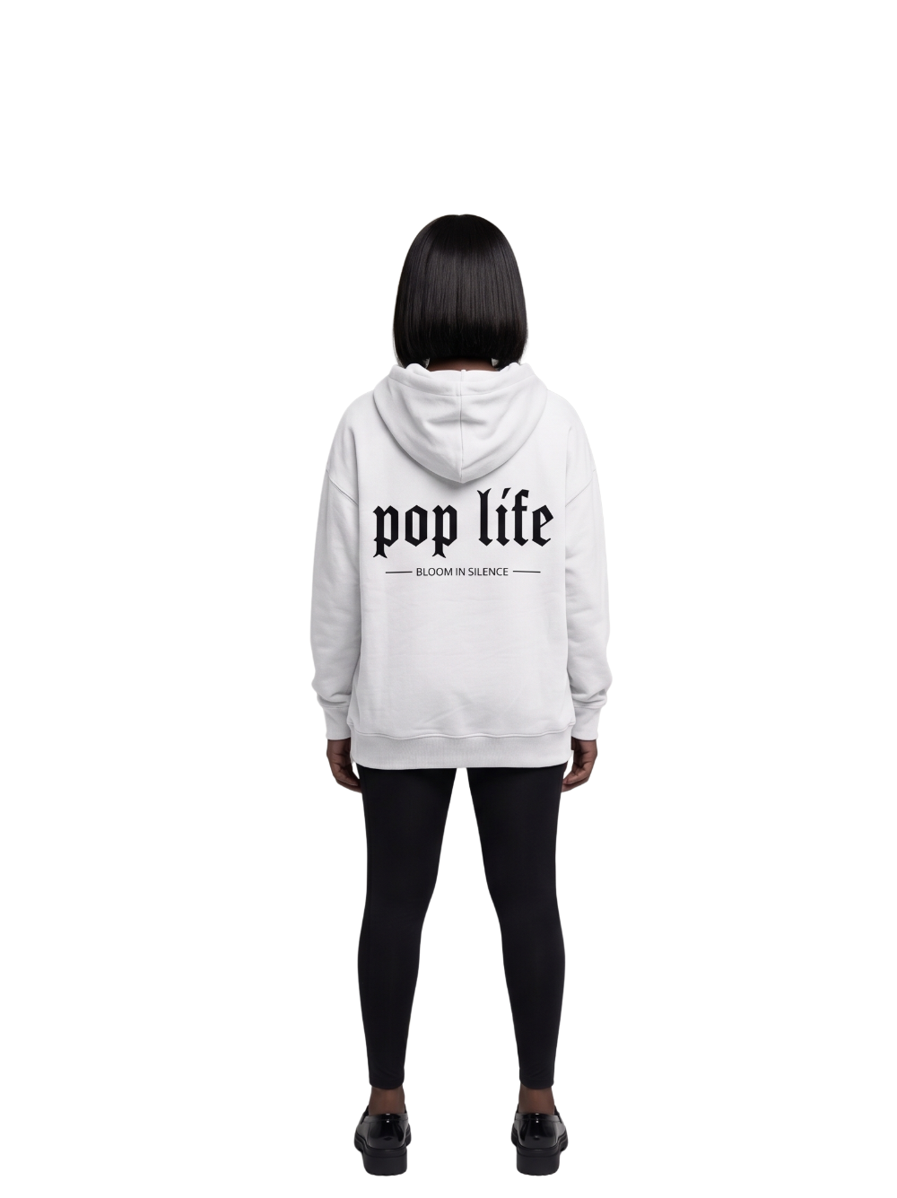 Pop Life White oversized graphic hoodie at unseen grail. local brands south africa. streetwear. men and women. galxboy, bantu, drip. women behind outfit