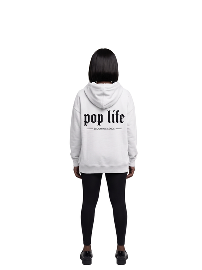 Pop Life White oversized graphic hoodie at unseen grail. local brands south africa. streetwear. men and women. galxboy, bantu, drip. women behind outfit