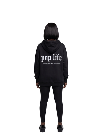 Pop Life black oversized graphic hoodie at unseen grail. local brands south africa. streetwear. men and women. galxboy, bantu, drip. female women full outfit