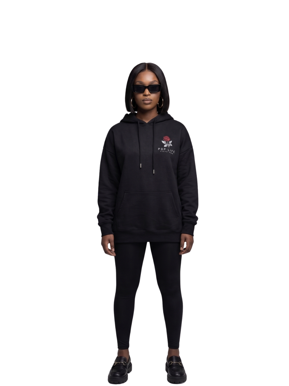 Pop Life black oversized graphic hoodie at unseen grail. local brands south africa. streetwear. men and women. galxboy, bantu, drip. female women full outfit loafers