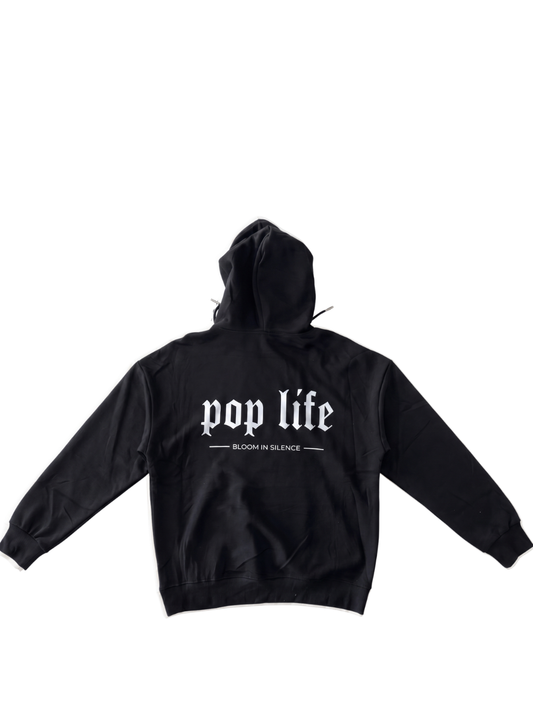 Pop Life black oversized graphic hoodie at unseen grail. local brands south africa. streetwear. men and women. galxboy, bantu, drip. flatlay