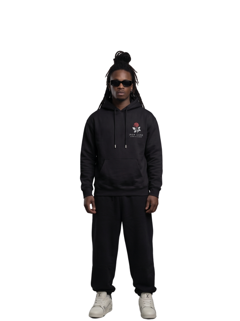 Pop Life black oversized graphic hoodie at unseen grail. local brands south africa. streetwear. men and women. galxboy, bantu, drip. male full outfit sneakers