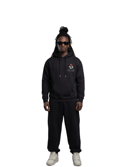 Pop Life black oversized graphic hoodie at unseen grail. local brands south africa. streetwear. men and women. galxboy, bantu, drip. male full outfit sneakers