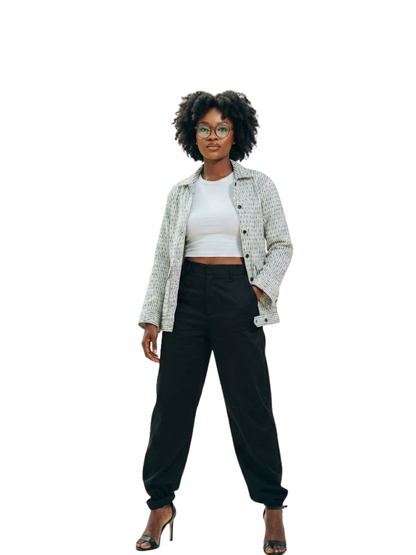 RC7 white jacket formal at unseen grail. local brands south africa. streetwear. men and women. female model front full outfit