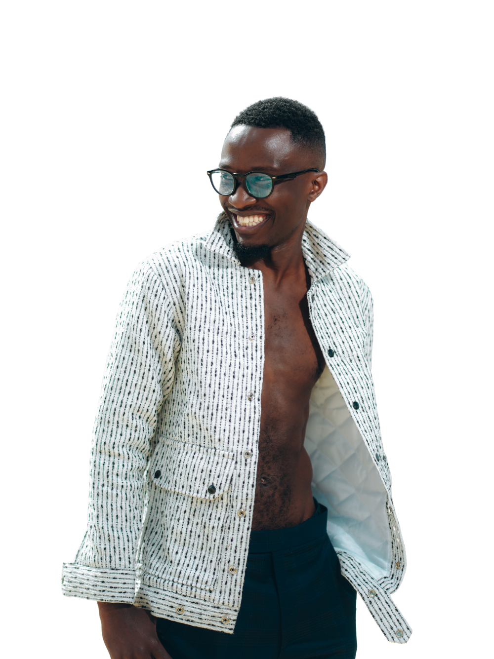 RC7 white jacket formal at unseen grail. local brands south africa. streetwear. men and women. male model front full outfit