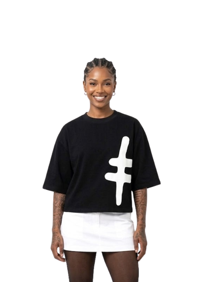 Rare Blaq black oversized graphic t shirt at unseen grail. local brands south africa. streetwear. men and women. female model front