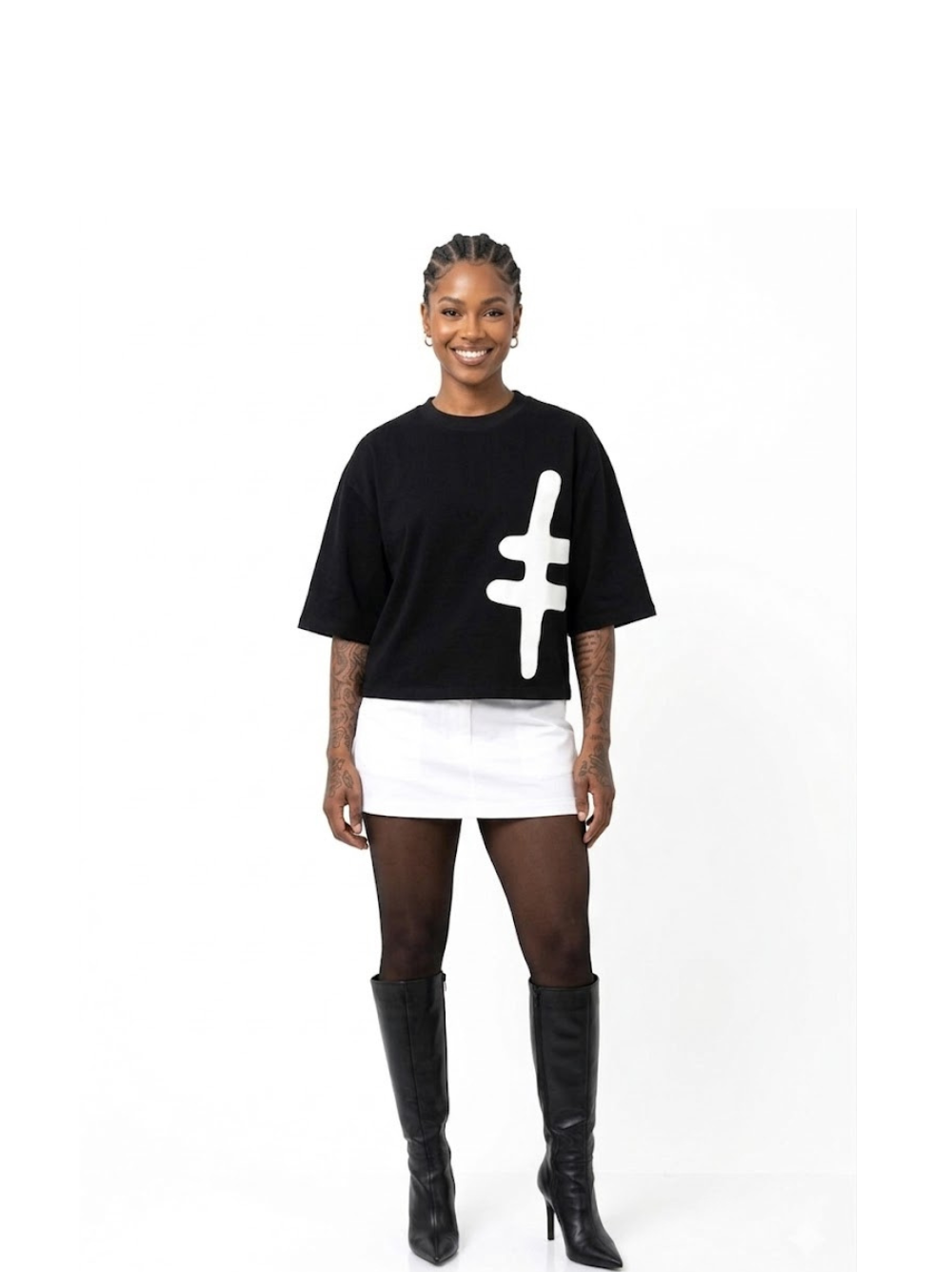 Rare Blaq black oversized graphic t shirt at unseen grail. local brands south africa. streetwear. men and women. female model front full view