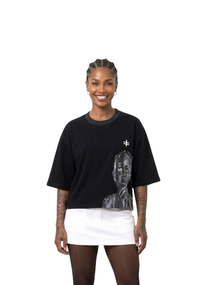 Rare Blaq black oversized graphic t shirt at unseen grail. local brands south africa. streetwear. men and women. female model front view image