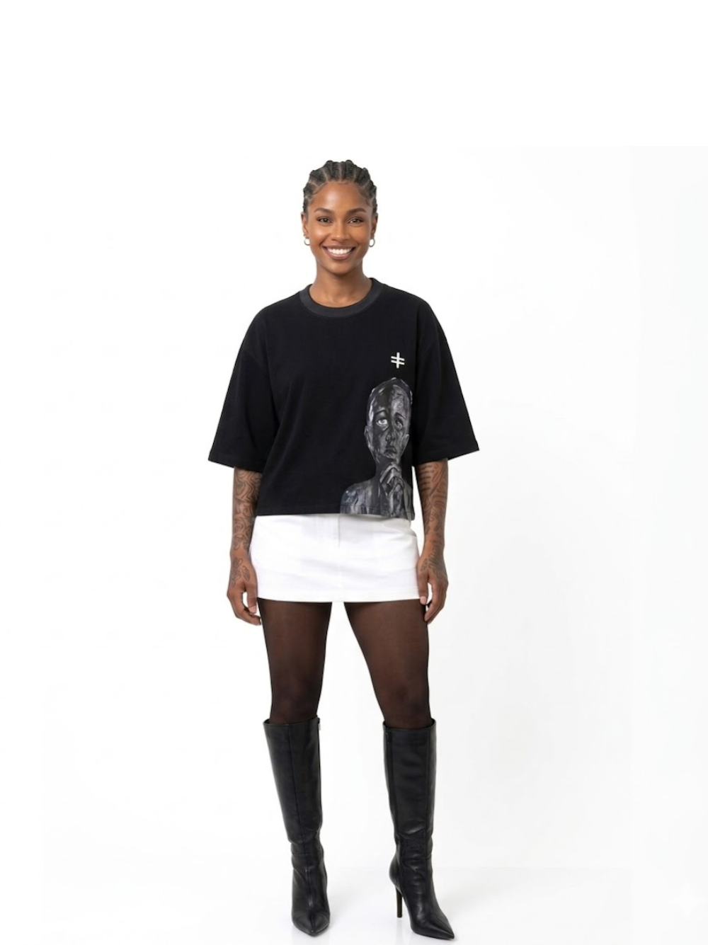 Rare Blaq black oversized graphic t shirt at unseen grail. local brands south africa. streetwear. men and women. female model front view image full outfit