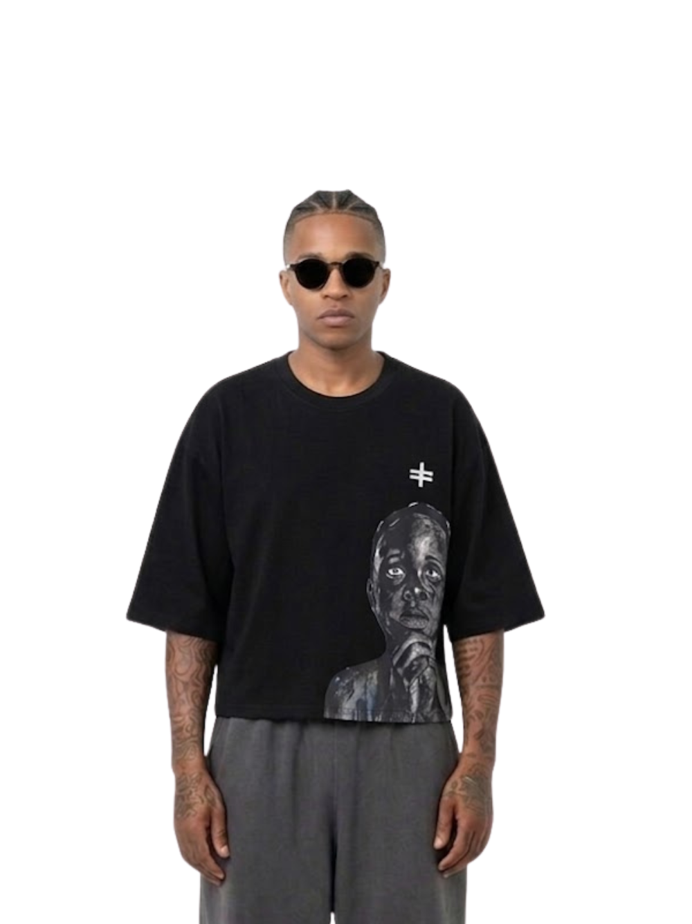 Rare Blaq black oversized graphic t shirt at unseen grail. local brands south africa. streetwear. men and women. male model front view image