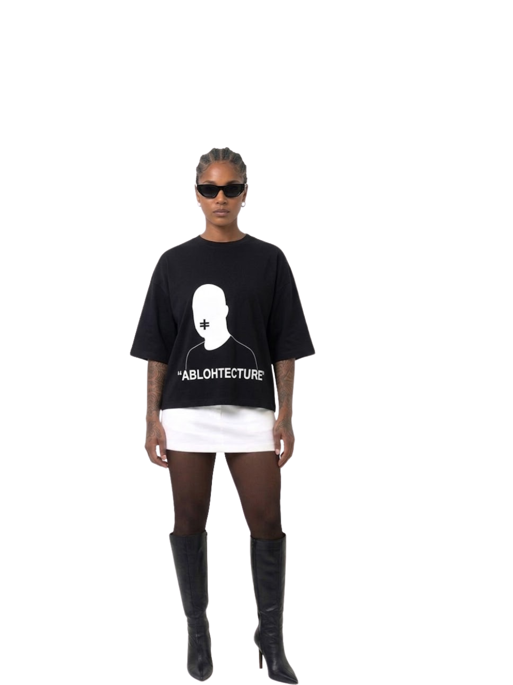 Rare Blaq black oversized graphic t shirt at unseen grail. local brands south africa. streetwear. men and women. studio image female model front full view