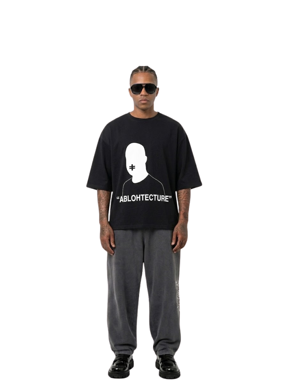 Rare Blaq black oversized graphic t shirt at unseen grail. local brands south africa. streetwear. men and women. studio image male model front full view
