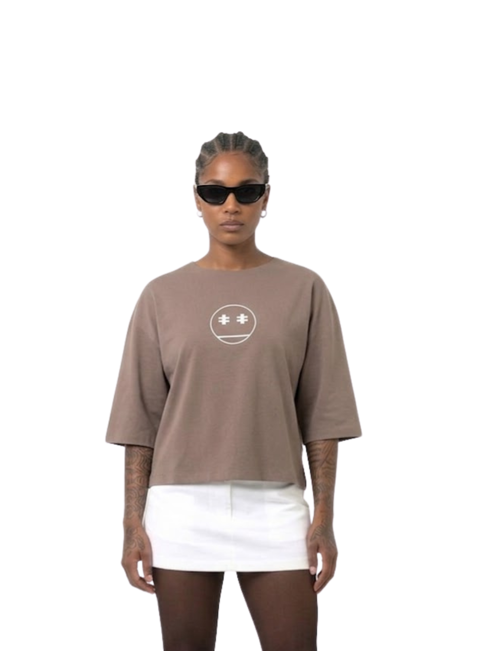 Rare Blaq brown oversized graphic t shirt at unseen grail. local brands south africa. streetwear. men and women. studio image female model front