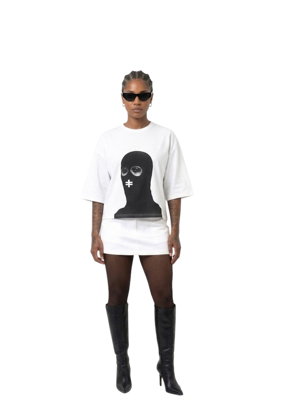 Rare Blaq white oversized graphic t shirt at unseen grail. local brands south africa. streetwear. men and women. studio image female model full outfit front