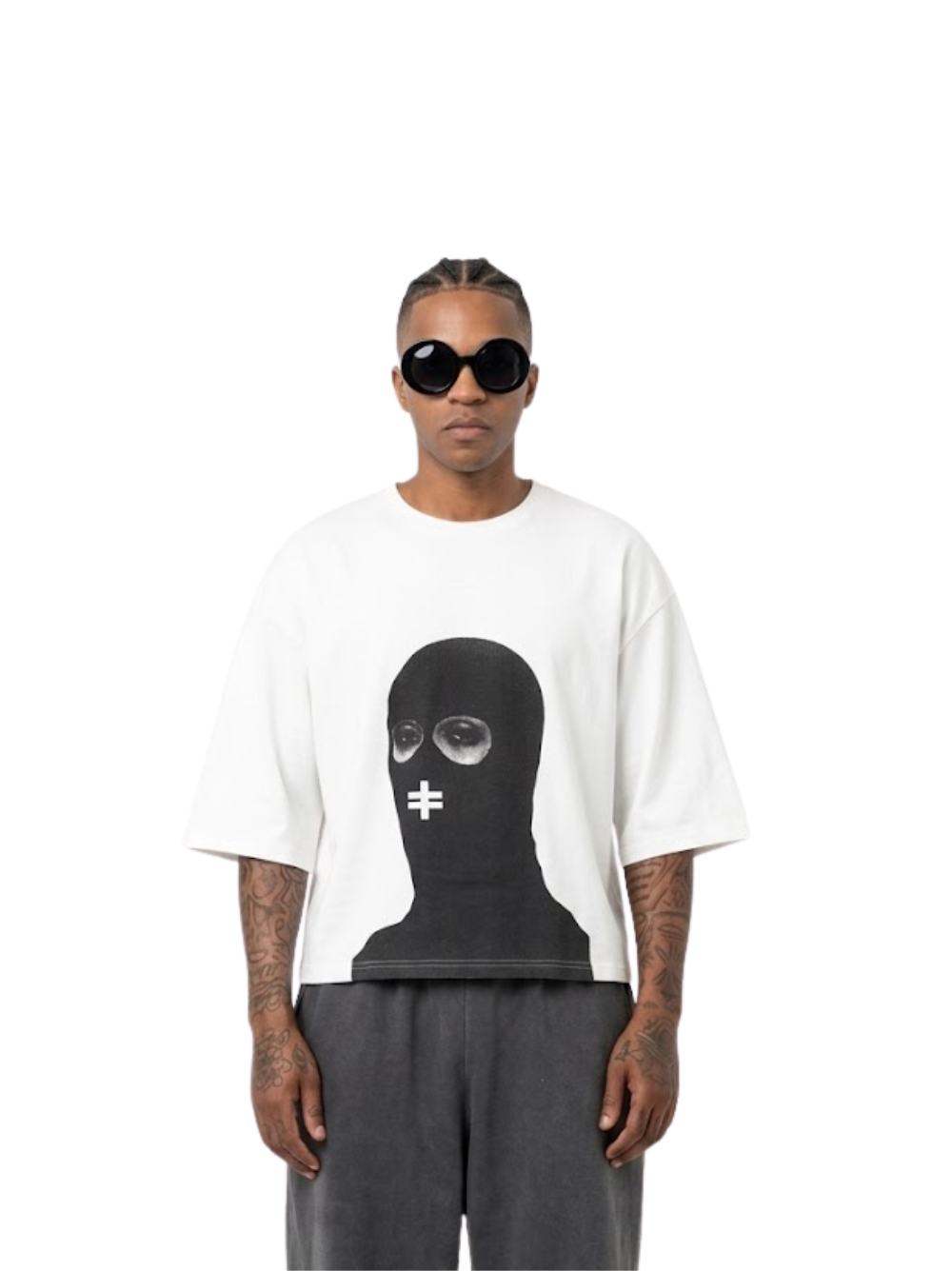 Rare Blaq white oversized graphic t shirt at unseen grail. local brands south africa. streetwear. men and women. studio image male model front view