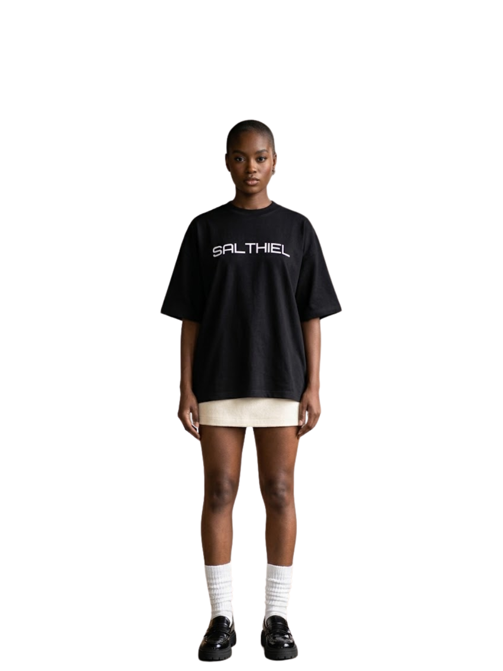 Salthiel black toversized graphic t shirt at unseen grail. local brands south africa. streetwear. men and women. female model full outfit