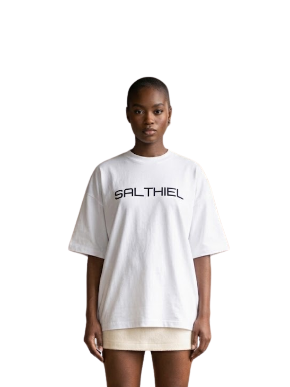 Salthiel white toversized graphic t shirt at unseen grail. local brands south africa. streetwear. men and women. female model front view
