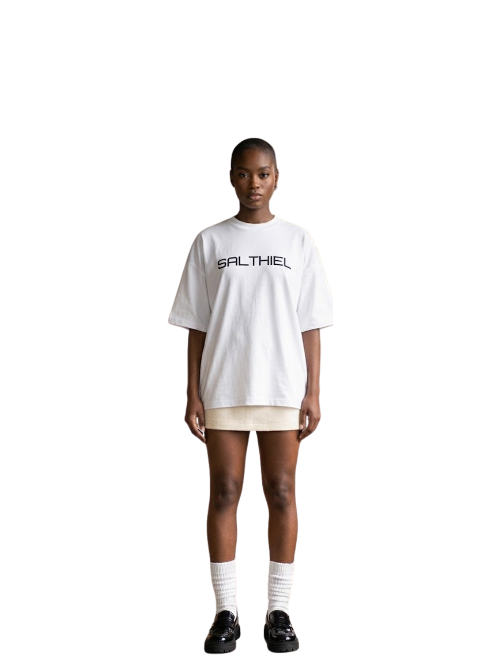 Salthiel white toversized graphic t shirt at unseen grail. local brands south africa. streetwear. men and women. female model full outfit