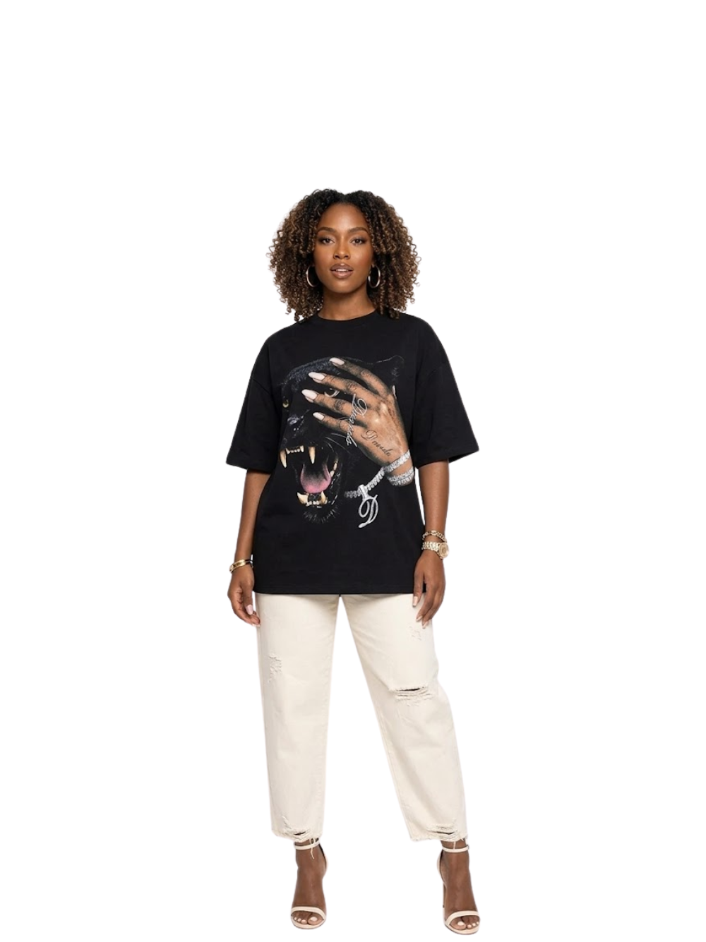 Shanay Davids black oversized graphic t shirt at unseen grail. local brands south africa. streetwear. men and women. studio image female model full outfit