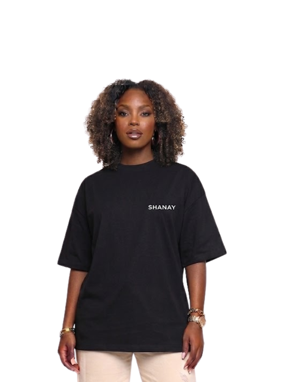 Shanay Davids black oversized graphic t shirt at unseen grail. local brands south africa. streetwear. men and women. studio image full outfit female. galxboy. el patron. bantu.