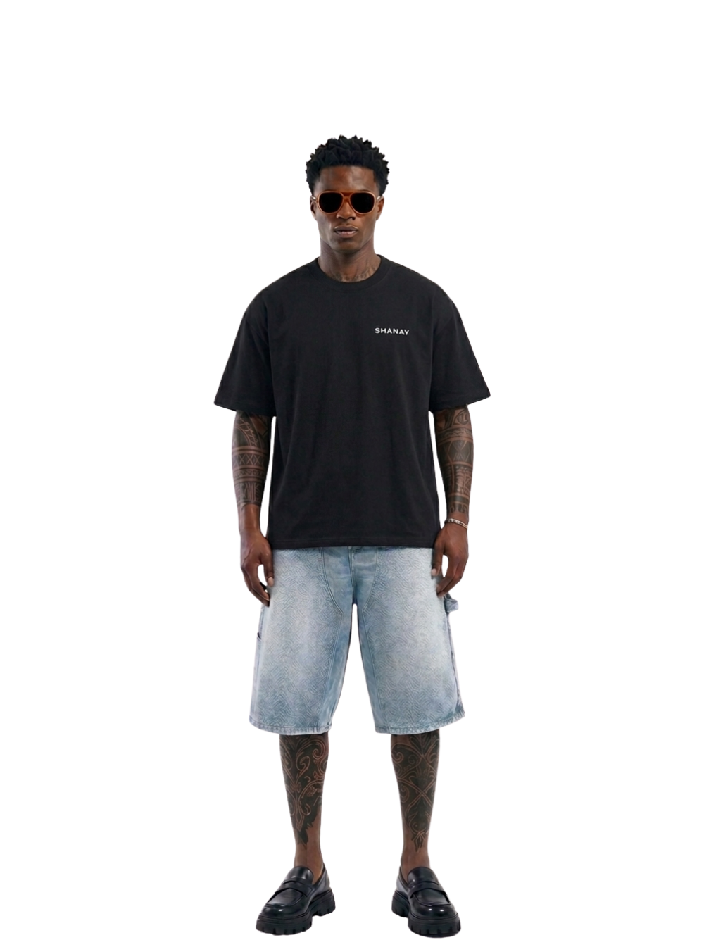 Shanay Davids black oversized graphic t shirt at unseen grail. local brands south africa. streetwear. men and women. studio image male model full outfit. galxboy. el patron. bantu.