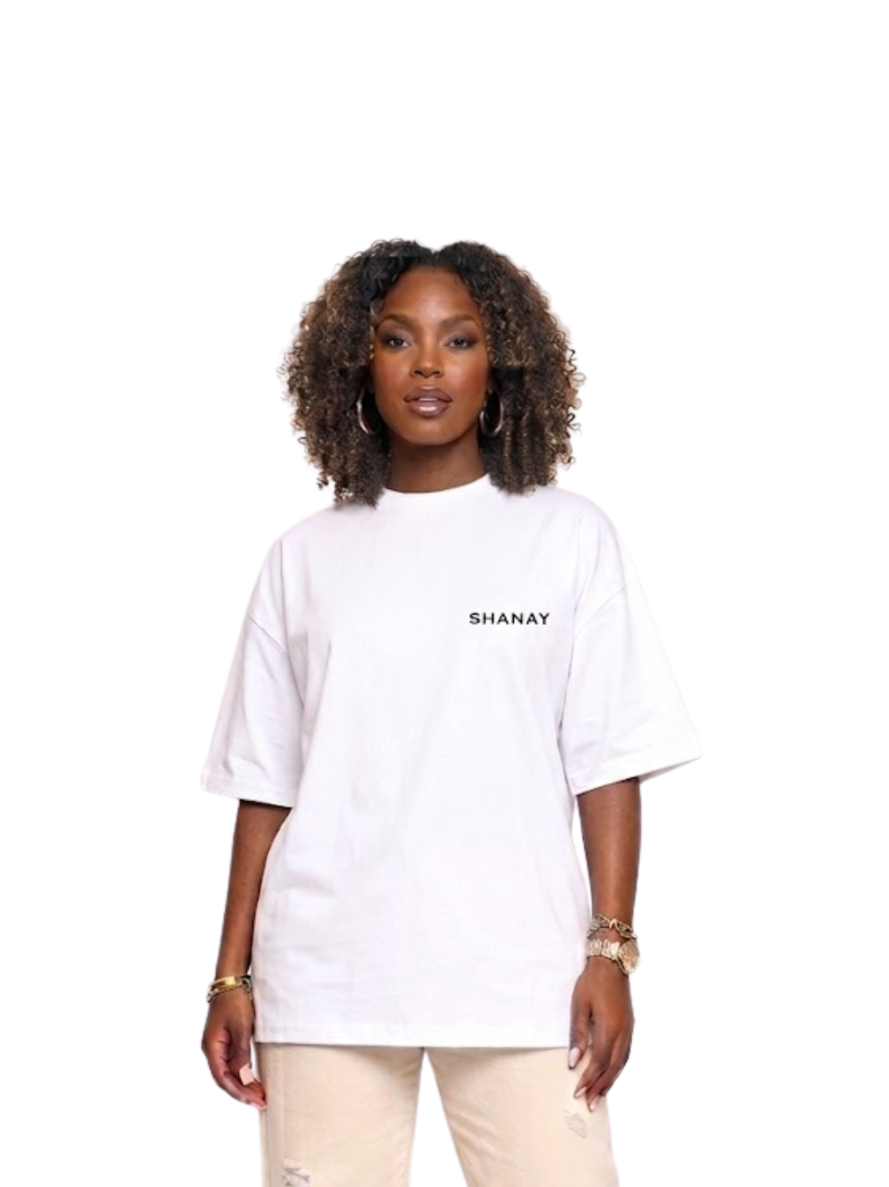 Shanay Davids white oversized graphic t shirt at unseen grail. local brands south africa. streetwear. men and women. studio image female model. galxboy. el patron. bantu