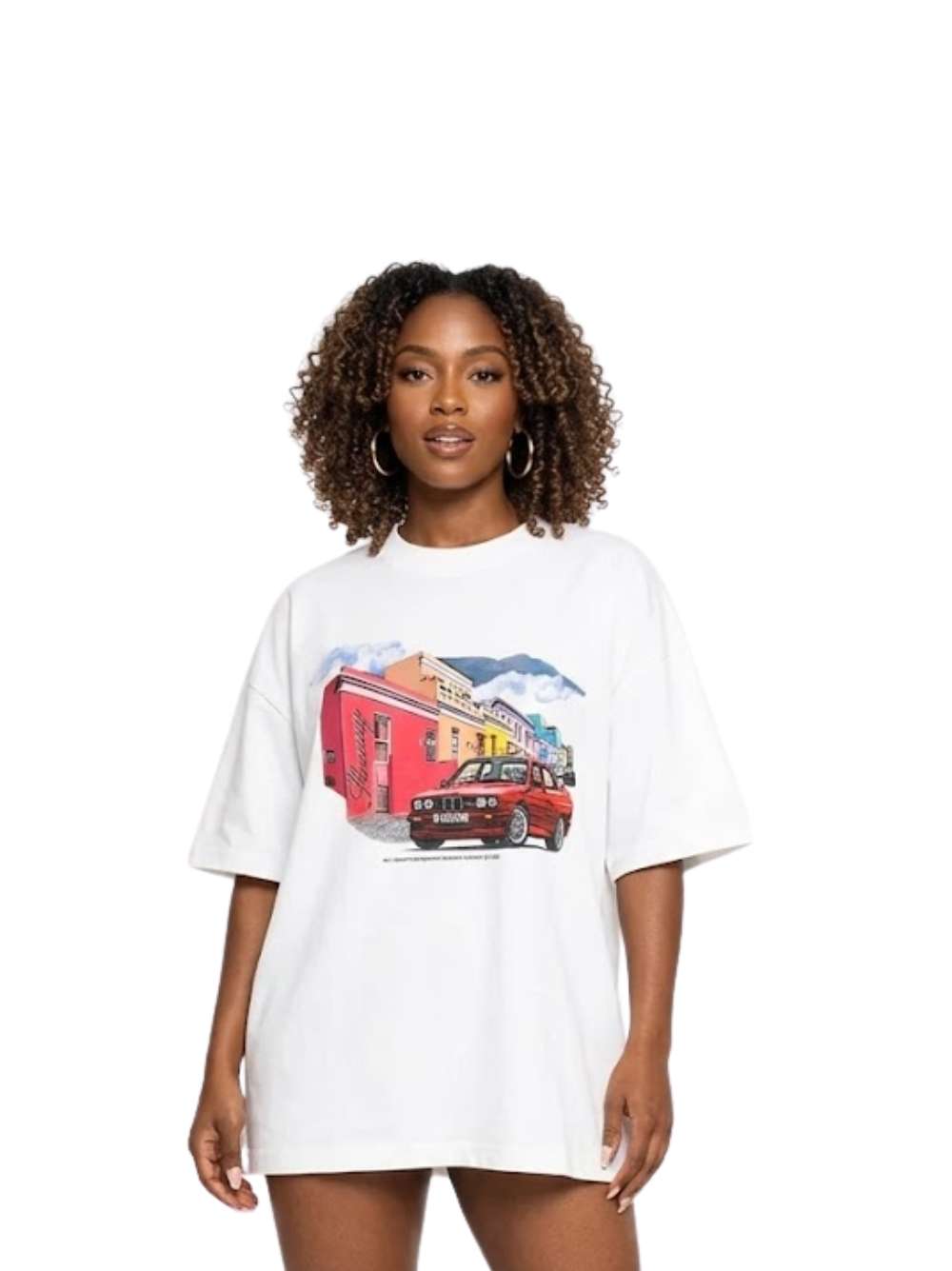 Shanay Davids white oversized graphic t shirt at unseen grail. local brands south africa. streetwear. men and women. studio image female model