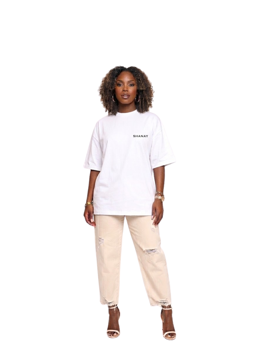 Shanay Davids white oversized graphic t shirt at unseen grail. local brands south africa. streetwear. men and women. studio image full outfit female. galxboy. el patron. bantu