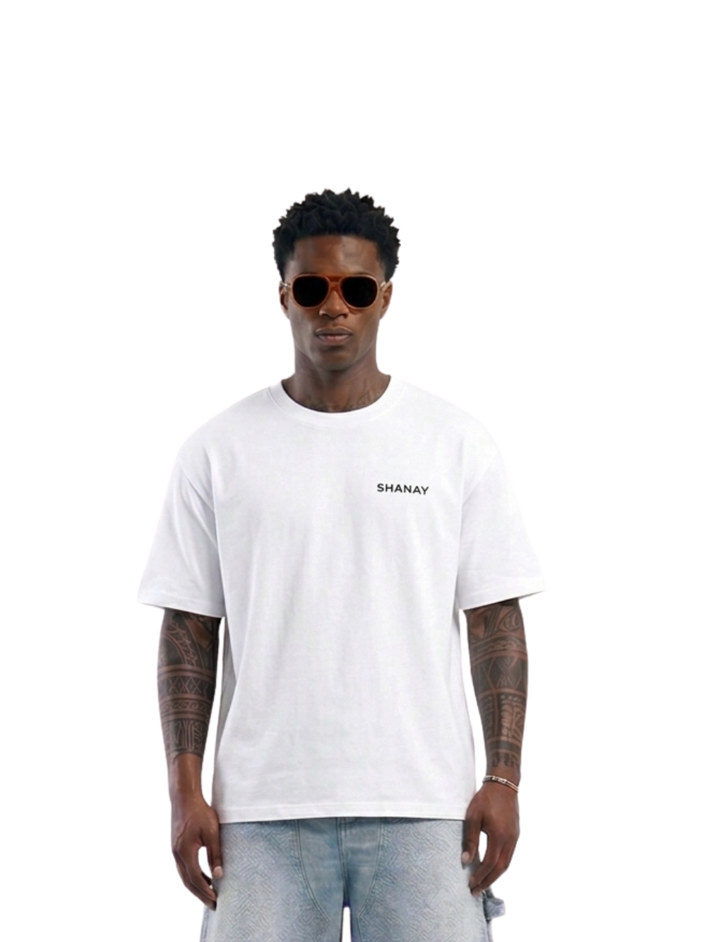 Shanay Davids white oversized graphic t shirt at unseen grail. local brands south africa. streetwear. men and women. studio image male model. galxboy. el patron. bantu