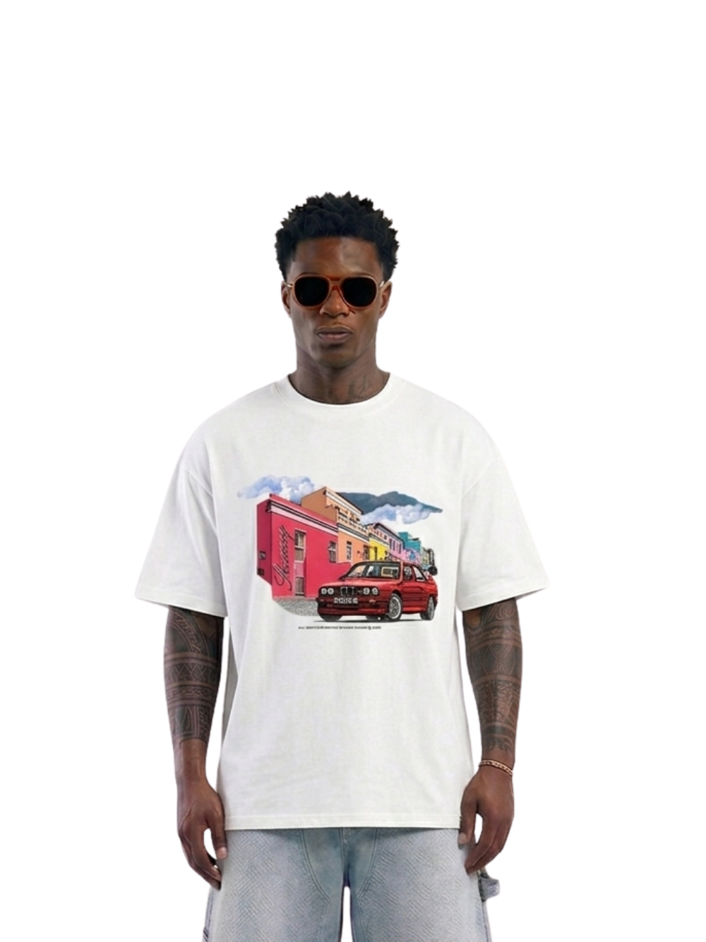 Shanay Davids white oversized graphic t shirt at unseen grail. local brands south africa. streetwear. men and women. studio image male model