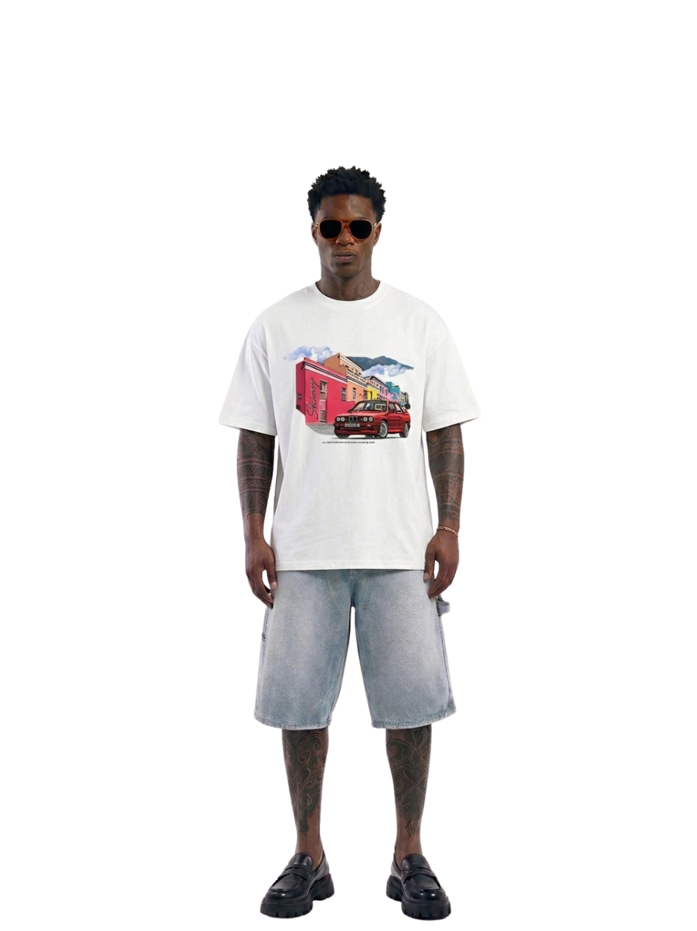 Shanay Davids white oversized graphic t shirt at unseen grail. local brands south africa. streetwear. men and women. studio image male model full outfit