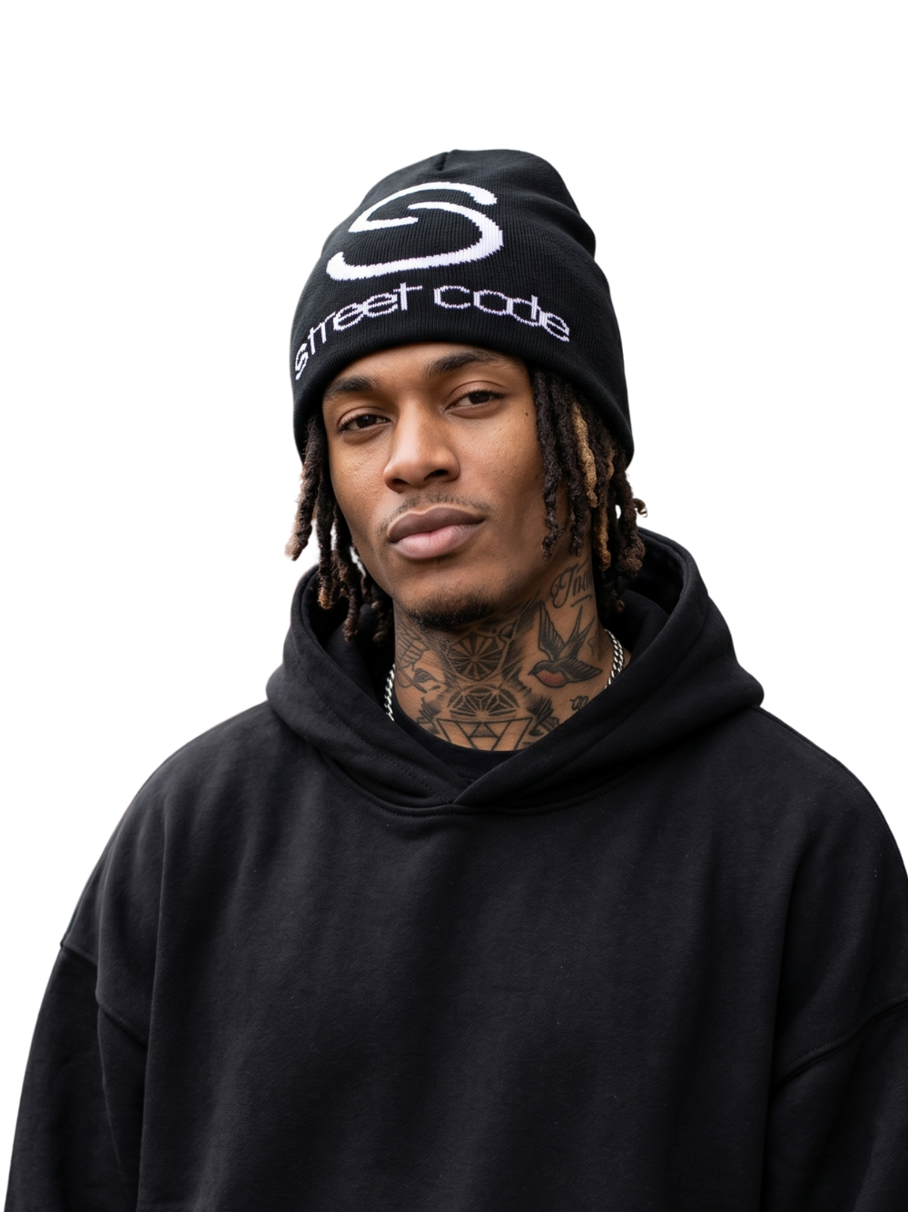 Street Code black beanie. local brands from south africa found at Unseen Grail. men and women. flatlay male model