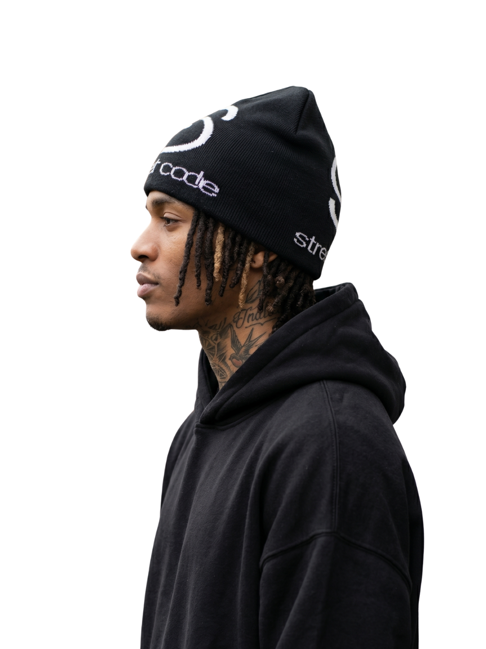 Street Code black beanie. local brands from south africa found at Unseen Grail. men and women. flatlay male model side