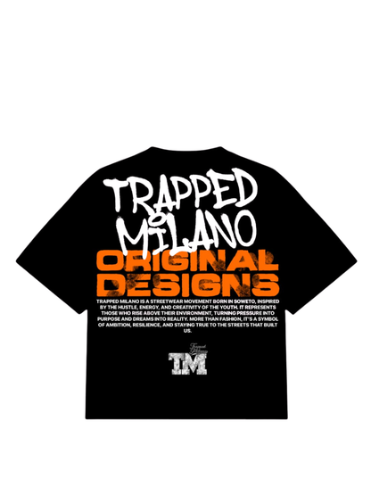 Trapped Milano black oversized graphic t shirt at unseen grail. local brands south africa. streetwear. men and women. studio image