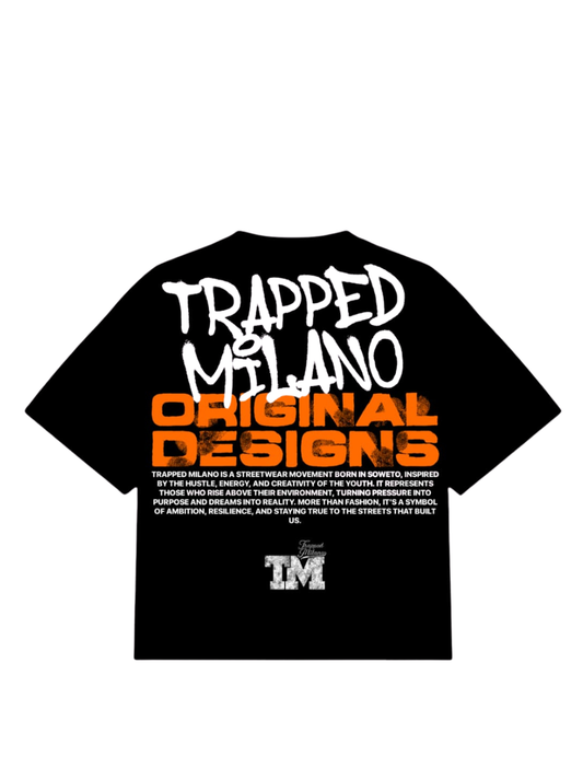 Trapped Milano black oversized graphic t shirt at unseen grail. local brands south africa. streetwear. men and women. studio image