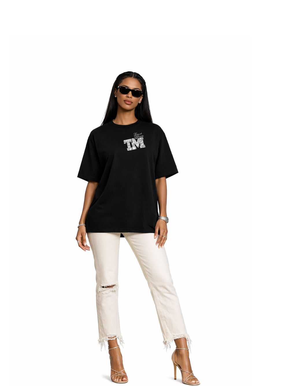 Trapped Milano black oversized graphic t shirt at unseen grail. local brands south africa. streetwear. men and women. studio image female model full outfit