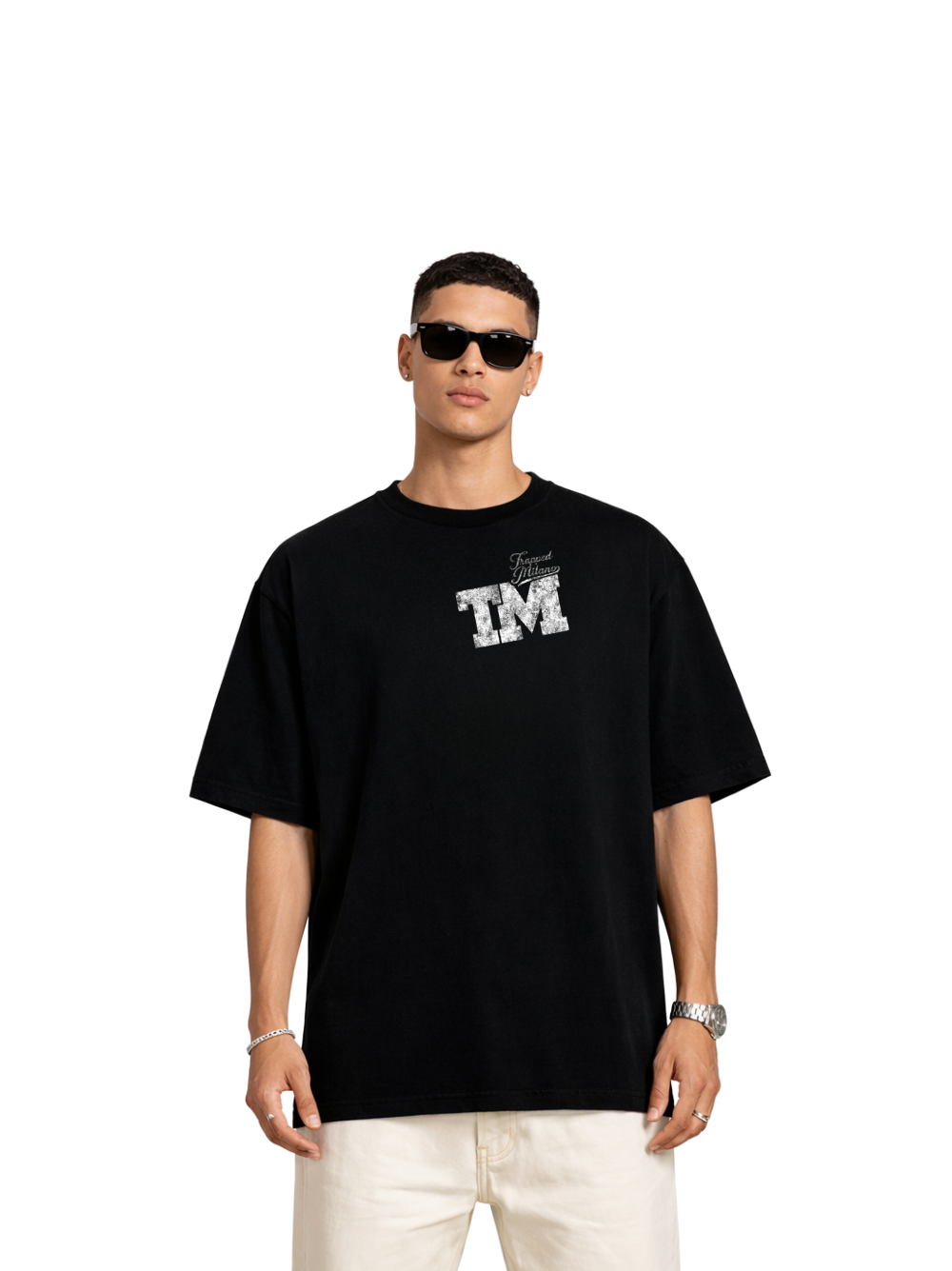 Trapped Milano black oversized graphic t shirt at unseen grail. local brands south africa. streetwear. men and women. studio image male model front