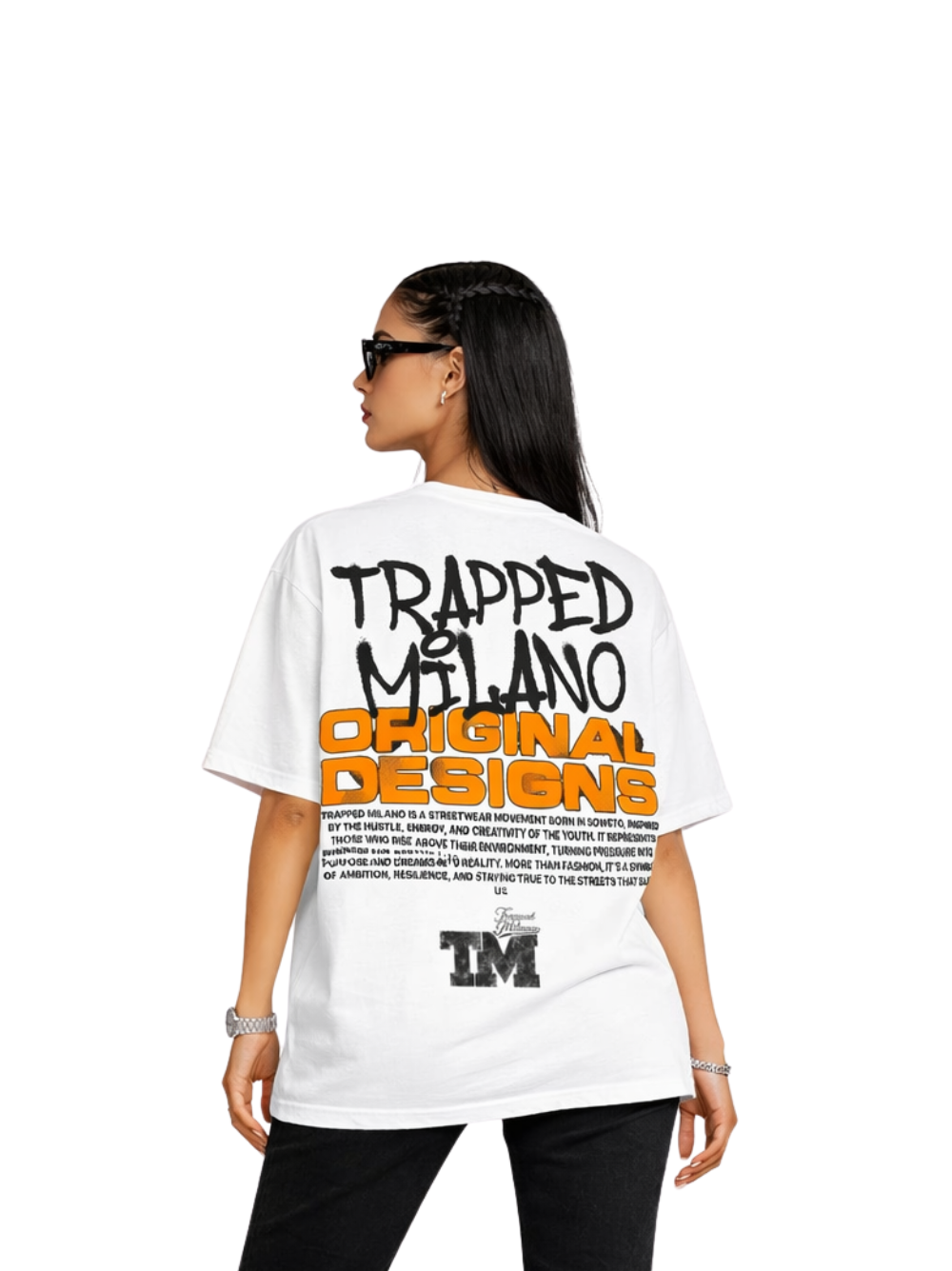Trapped Milano white oversized graphic t shirt at unseen grail. local brands south africa. streetwear. men and women. studio image female model behind