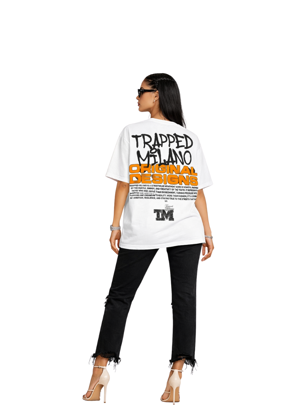 Trapped Milano white oversized graphic t shirt at unseen grail. local brands south africa. streetwear. men and women. studio image female model behind full outfit
