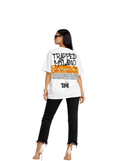 Trapped Milano white oversized graphic t shirt at unseen grail. local brands south africa. streetwear. men and women. studio image female model behind full outfit