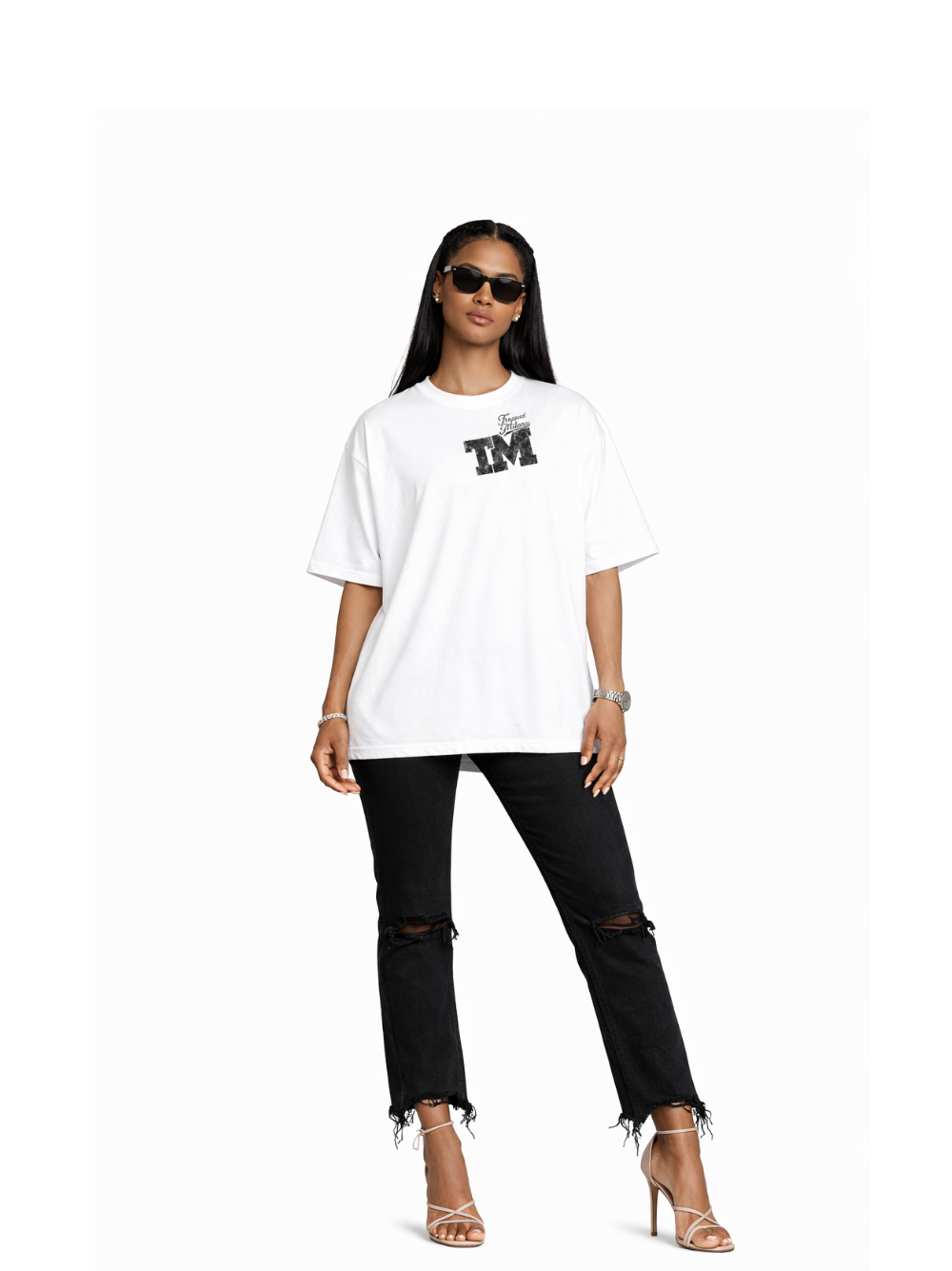 Trapped Milano white oversized graphic t shirt at unseen grail. local brands south africa. streetwear. men and women. studio image female model front full outfit